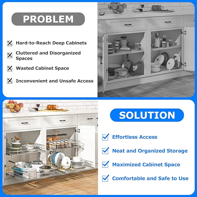 WelFurGeer 2-Tier Kitchen Cabinet Pullout Shelf and Drawer Organizer, Soft Close Pantry Pull Out Shelves, Heavy Duty Pull Out Cabinet Organizer with Shelf Liner for Kitchen Cabinets, Pantry Storage - Image 4
