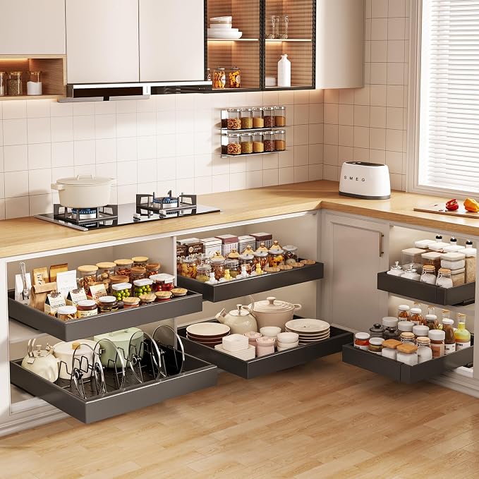 Seinloes 6 Pack Pull out Cabinet Organizer 21"Deep with Raising Pad for Framed Cabinets, Expandable Slide out Drawers for Kitchen Cabinets with 6pcs Divider Racks, Roll out Shelves 12.1"-20.4" W Black - Image 6