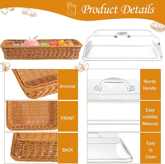 Mumufy 2 Pack Wicker Large Bread Basket with Acrylic Lid Housewarming Gift Woven Rectangular Imitation Rattan Fruit Basket with Cover for Serving Food Display Tabletop Home Kitchen(15.75x11.81'') - Image 4