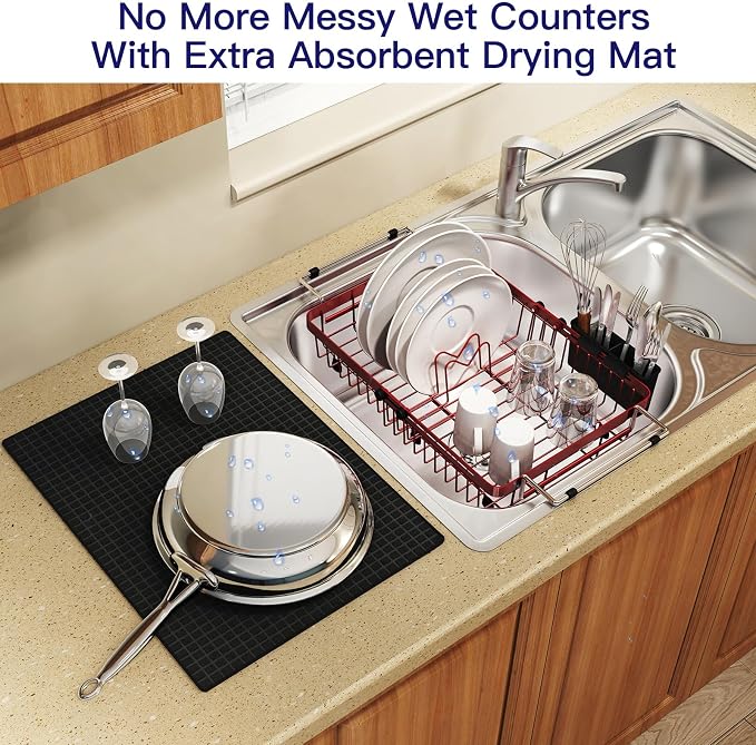 Red Dish Drying Rack Over The Sink with Utensil Holder, Mat | Expandable Stainless Steel Dish Drainer for Small Kitchen, Apartment, RV, Counter Space Saving, Perfect Fit, Rustproof - Image 6