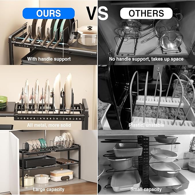 Mustorn Pots and Pans Organizer Under Cabinet, Expandable 2 Tier Under Sink Organizers and Storage Adjustable Height Kitchen Pot and Pan Lid Holder Rack with 12 Dividers Under Cabinet Shelf(Black) - Image 5