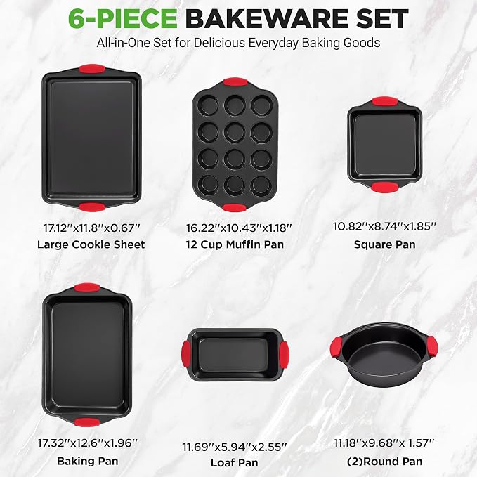 NutriChef Nonstick Baking Pans Set 6 Piece | Carbon Steel Baking Pans for Oven with Silicone Handles Stackable Bakeware | Includes Cookie Sheet, Muffin, Loaf, Round and Square Pan | 446°F Max, Gray - Image 4