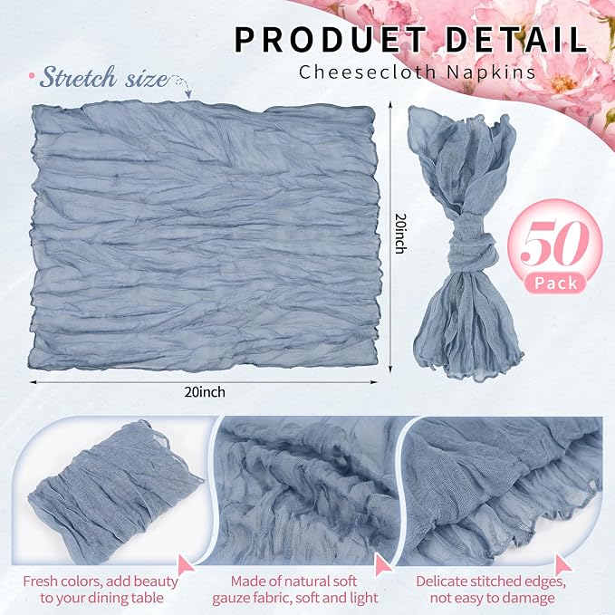 50 Pack Dusty Blue Cheesecloth Napkins 20"x20" Boho Washable Cloth Napkins Set of 50 Wrinkled Cheese Cloth Napkins Gauze Dinner Table Napkin for Wedding Party Baby Shower Birthday Decor - Image 2