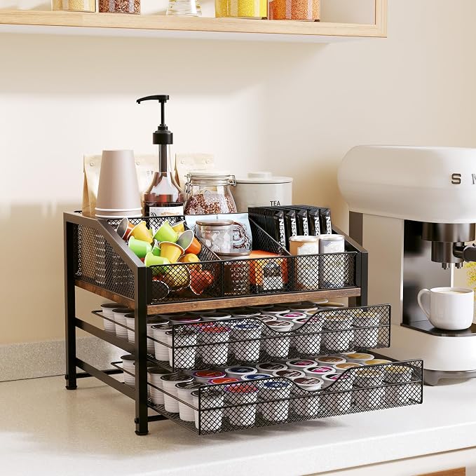 Coffee Bar Organizer - Coffee Station for Countertop, Metal and Wood K Cup holder Storage Basket for Coffee Pods, Syrup, Cups, Stirrer, Coffee Condiment, Tea Organizer, Black and Brown - Image 8