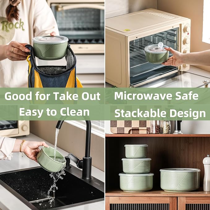 Ceramic Nesting Bowls with Lids, Set of 4, Green | 50/32/20/10 oz Mixing Bowls with Lids - Porcelain Food Storage Containers For Prep and Serving, Microwave Safe - Image 5