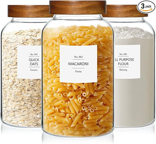KEYWING 88oz Glass Jars w/Acacia Lids for Flour & Sugar Storage Containers | 3Pcs Large Airtight Food Storage Containers , Pantry Organizers for Rice, Pasta, Cereal, Cookies –88 fl.oz with 126 Labels by KEYWING