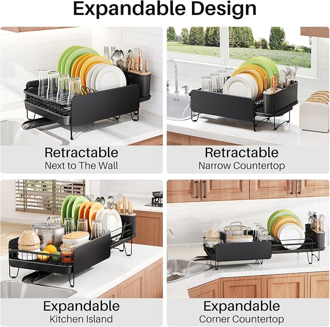 SNTD Large Dish Drying Rack for Kitchen Counter, Expandable, Black | Stainless Steel Dish Drainer, Adjustable Length 18.9''-29.3'', Automatic Drainage, 360° Spout, Cutlery Holder with Knife Slot - Image 3