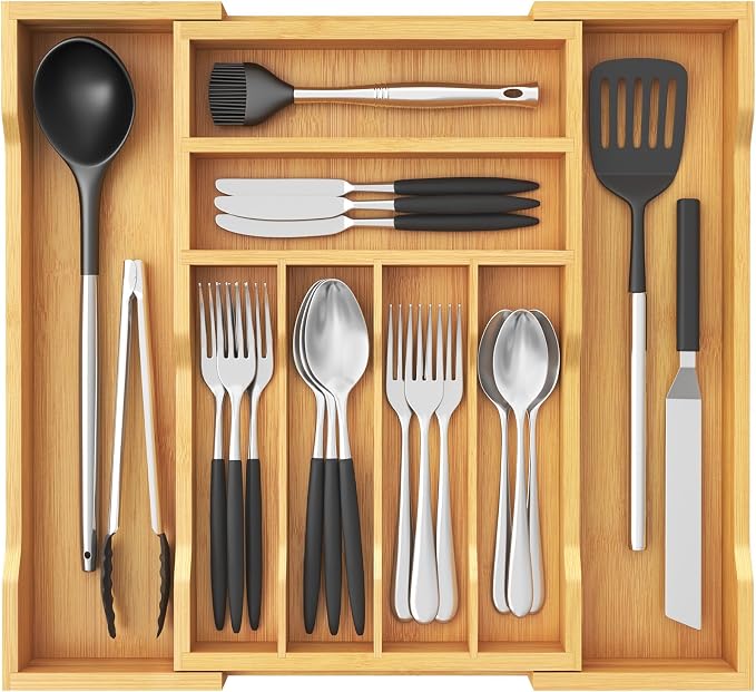 Lifewit Silverware Drawer Organizer, Wooden Utensil Tray for Kitchen | Expandable Flatware and Cutlery Holder, Adjustable Storage for Spoons Forks Knives, 10.8-18.5 x 15", Natural by Lifewit