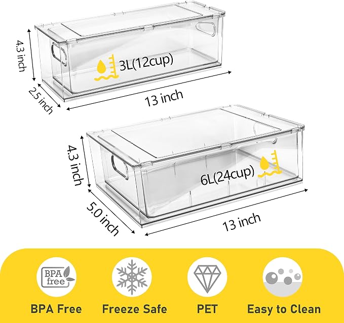 2 Pack Refrigerator Organizer Bins Stackable Fridge Organizer Set with Pull-out Drawer Clear Vegetable Fruit Storage Containers for Kitchen Pantry Organization - Image 2