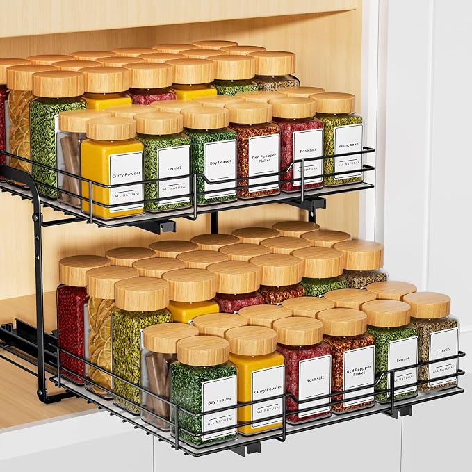 RCHYFEED 2 Tier Height Adjustable Pull Out Spice Rack,13.5" Wx10.5 Dx9.5 H | Heavy Duty Spice Organization for Cabinet Metal Slide Out Spice Rack for Cabinet & Pantry, for Seasoning,Sauces,Canned Goods by RCHYFEED