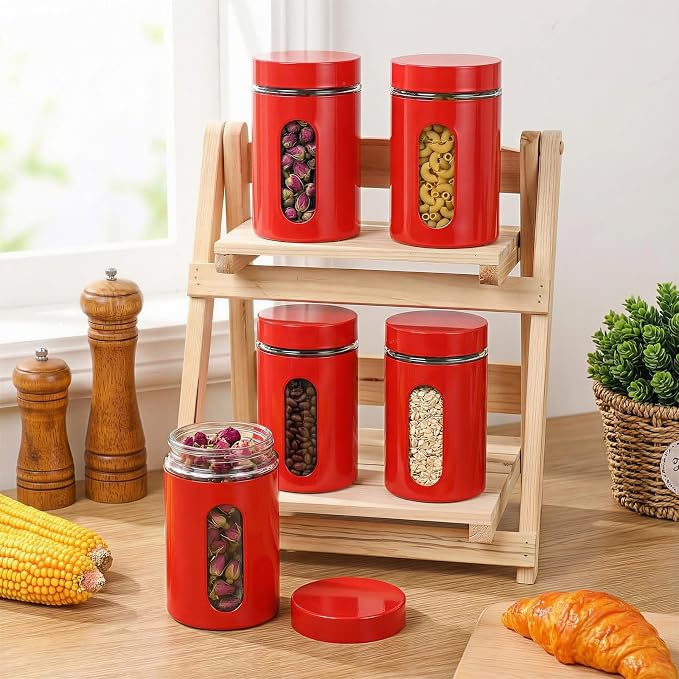 Patelai 6 Pack Kitchen Canisters Set 20 oz Airtight Stainless Steel Canister Food Storage Container with Window Glass, Coffee Sugar Candy Jars Tea Organizer for Flour Cookies Spice (Red,32 oz) - Image 3