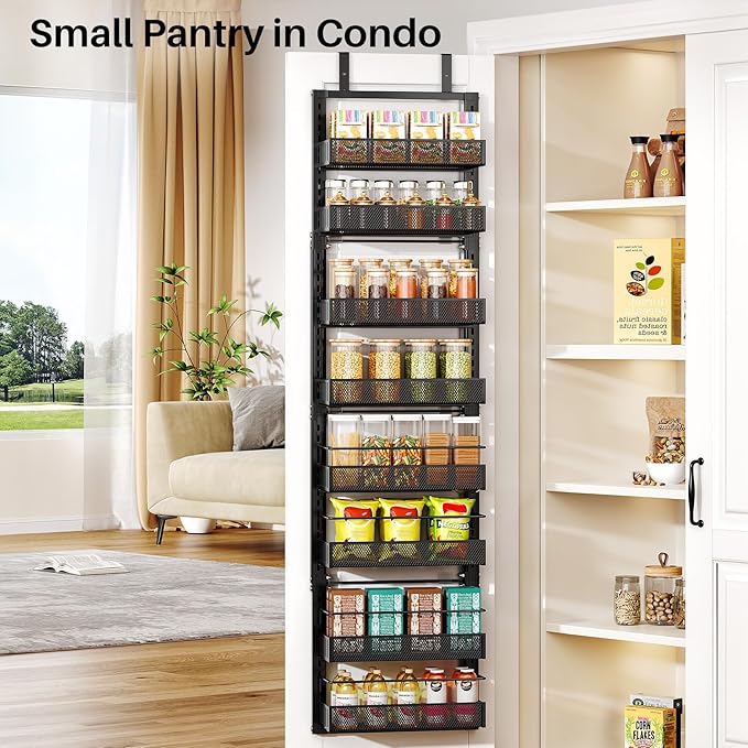 SNTD 8 Tiers Narrow Over the Door Organizer, 12.3"W x 4.7"D x 69"H, Black | Pantry Door Organizers and Storage, Height Adjustable Spice Rack, Dense Mesh Baskets, Anti-Swing, Adjustable Door Fastener - Image 3