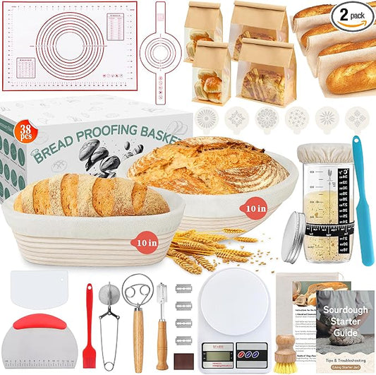 Aliggbent 38Pcs Sourdough Starter Kit, Rattan Banneton Proofing Baskets Jar | Bread Baking Supplies Set 24 oz Digital Scale Danish Whisk Lame Sling Scraper Dough Tools Round Oval Banneton Artisan Bag by AliggbentGoodChoice