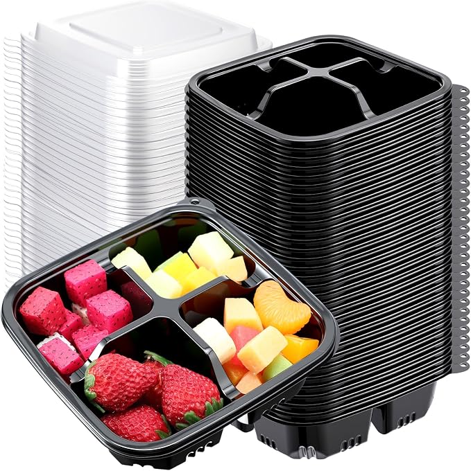 80 Pack 4-compartment Bento Snack Boxes with Lids Divided Lunch Containers for Travel School Camping Outdoor Home (Black) by Yiyiring