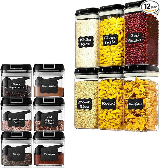 Shazo 6 PC (1.2L) Airtight Food Storage Containers Set & 6 PC (0.5L) Food Storage Containers With Airtight Lids - BPA Free Clear Plastic Storage containers for Kitchen & Pantry Organization by Shazo
