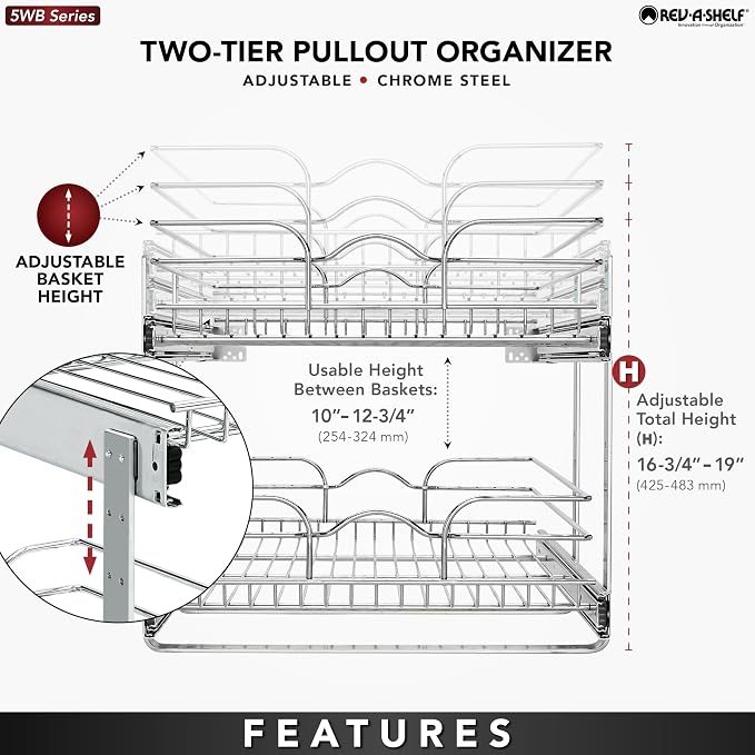 Rev-A-Shelf Pullout Organizer for Cabinets, Min Opening Width of 18" | STwo-Tier Steel Shelf for Kitchen or Vanity Cabinet Organization, Heavy Gauge Wire Slide Out Storage Basket, 5WB2-1822CR-1 - Image 6