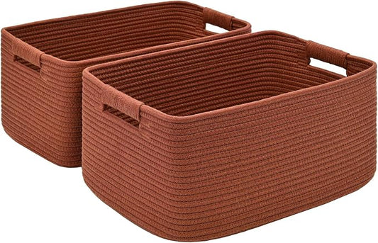 2 Pack Large Storage Basket for Organizing, 17.5"x13"x7" Woven Basket for Shelves, Closet Cube Storage Bins with Wrapped Handle, Cotton Rope Baskets for Kitchen, Clothes, Toys(Oxide Red) by Degeyoyo