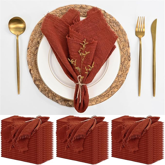 60 Pack Terracotta Napkins Cotton Linen Napkin 16 x 16 Inch Terracotta Napkins Cloth Handmade with Fringe Soft Washable Rustic Dinner Napkin Cloth for Wedding Party Dinner Table by ABKLESACH