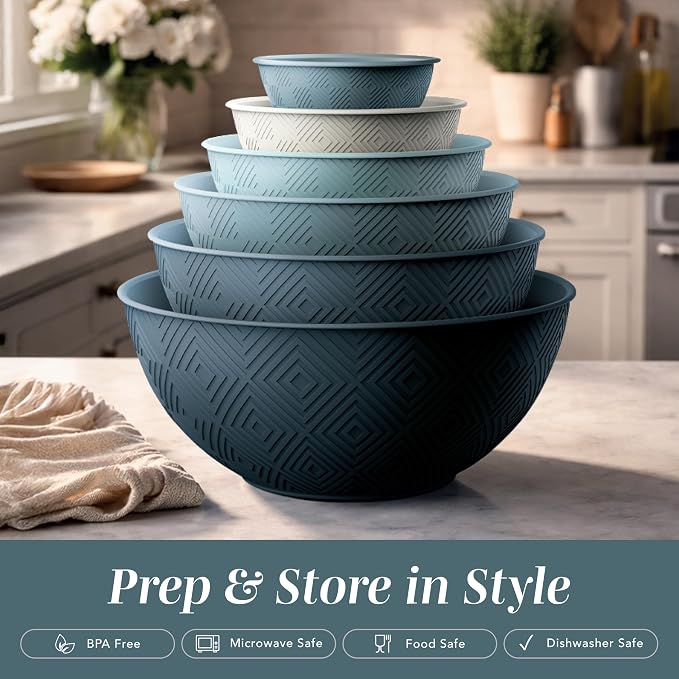 COOK WITH COLOR Mixing Bowls with Lids - 12 Piece Plastic Nesting Bowls Set includes 6 Prep Bowls and 6 Lids, Microwave Safe Mixing Bowl Set, Blue Rhombus - Image 3
