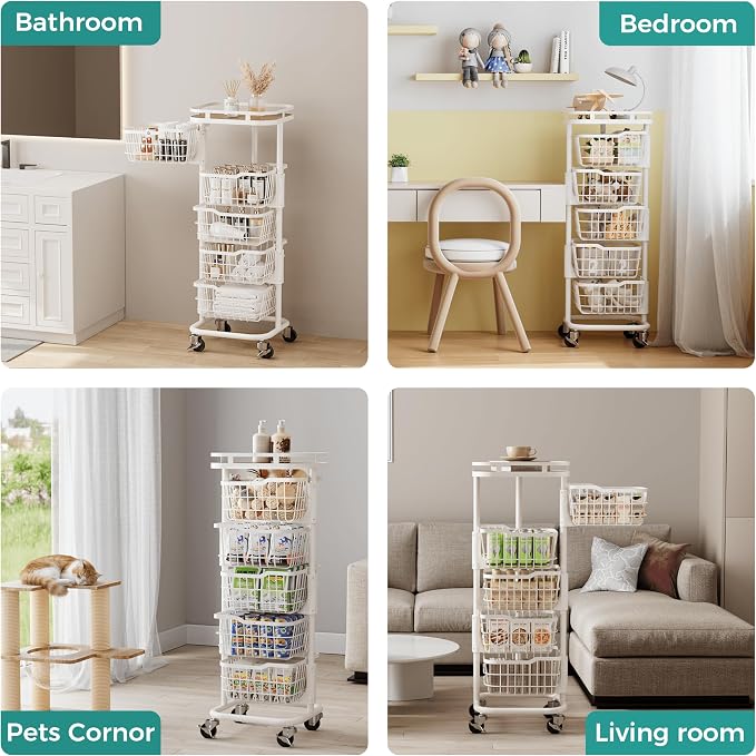 5 Tier Rotating Kitchen Storage Cart, Fruit Vegetable Potato Rack Stand | Patented Swivel Part Spin Smoothly Even Full. Rustproof. One-Piece Wire Bin Prevent Sagging. Keep Onion, Veggie, Spices Fresh - Image 4