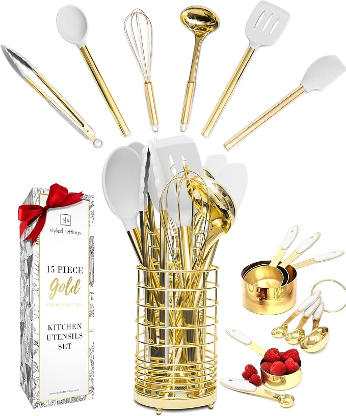 Styled Settings White and Gold Kitchen Utensils Set, 15-Piece | BPA free, Non-Scratch, Silicone Utensils Set Includes Measuring Cups and Spoons, White and Gold Kitchen Accessories by STYLEDSETTINGS