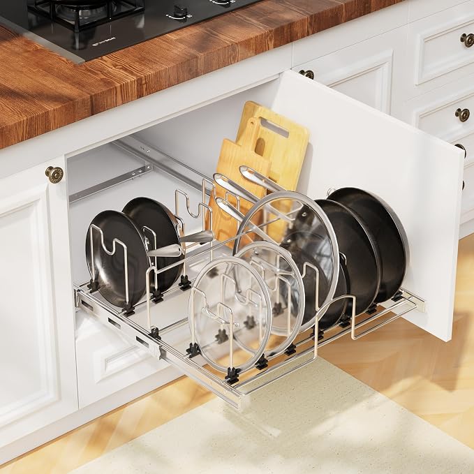 Pull Out Pots and Pans Organizer Under Cabinet, Sliding Adjustable Pot Rack with 15 Adjustable Dividers, Chrome-Plated Pot and Pan Holder Rack, Full-Extension Rail for Kitchen Organization 20" W*22" D - Image 7