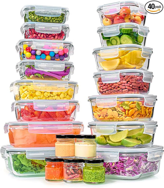 40pc Set Glass Food Storage Containers & Bowls with Airtight Lids - Leakproof BPA-Free Meal Prep Airtight Stackable Lunch Boxes, Kitchen Pantry & Storage Organizers - Microwave Freezer Dishwasher Safe by LERAZE