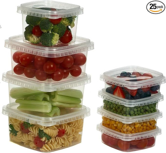 Decony Plastic Deli Containers with Lids 8 Oz- 25 Pack Square Clear Plastic Containers- Tamper-Proof BPA-Free Take Away Food Containers- Space Saver, Airtight, Freezer Safe Meal Prep Containers by Decony