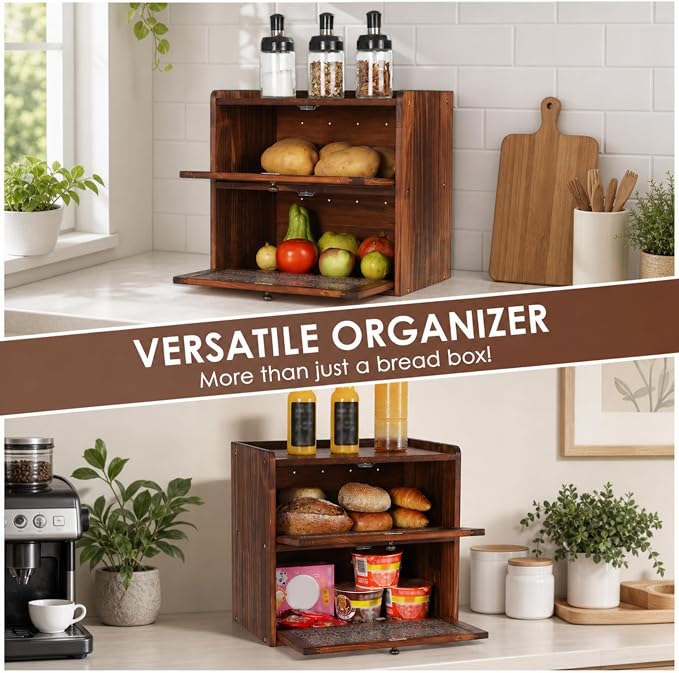 Sunhoo Bread Box for Kitchen Countertop, Large Pine Wood Breadbox, Brown | Farmhouse Pantry Container, Double Layer Storage, Fresh Homemade Sourdough Bin, Vintage Textured Acrylic Door, Easy Assembly - Image 5