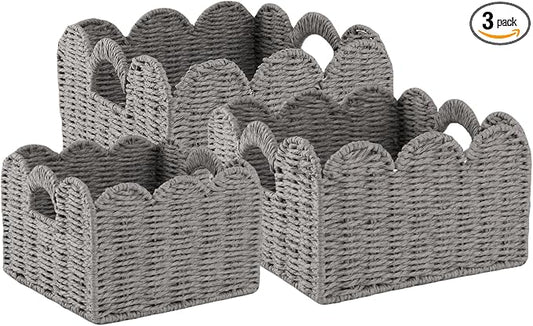 OIAHOMY Scalloped Wicker Baskets, Hand-woven Storage Baskets with Built-in Handles, Paper Rope Shelf Baskets for Organizing and Decoration, Set of 3-Grey by MasterofSpaceOptimization