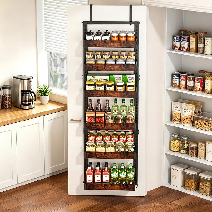 BUKFEN 6-Tier Over the Door Pantry Organizer, Adjustable Basket Spice Rack | 2-IN-1 Door & Wall Mounted, Heavy Duty Metal Storage Shelf,12 Hooks, Back of Door Organizer for Kitchen, Bathroom, Closet - Image 4