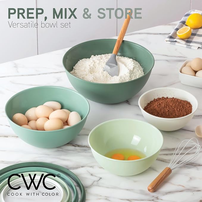 COOK WITH COLOR Mixing Bowls with Lids - 12 Piece Plastic Nesting Bowls Set includes 6 Prep Bowls and 6 Lids, Microwave Safe Mixing Bowl Set, Sage Tritan Lid - Image 2
