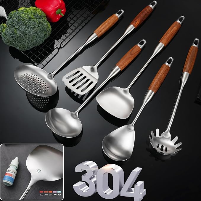 Stainless Steel Cooking Utensils Set with Wooden Handle 12.5"-14" | 304-Healthy;Wooden handle-Anti-scald;Good length,hanging hole-Easy to store;Gift-Bridal shower,Xmas,thanksgiving,housewarming - Image 5
