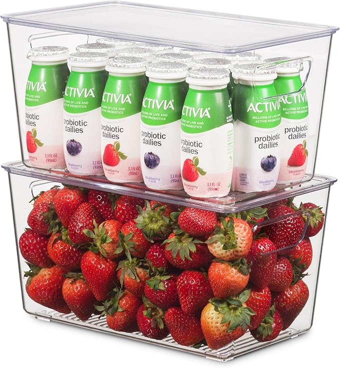 Set Of 12 Refrigerator Organizer Bins with Lids - Plastic Pantry Organization and Storage Baskets - Stackable Food Fridge Organizers with Cutout Handles for Freezer, Kitchen, Countertops, Cabinets - Image 4
