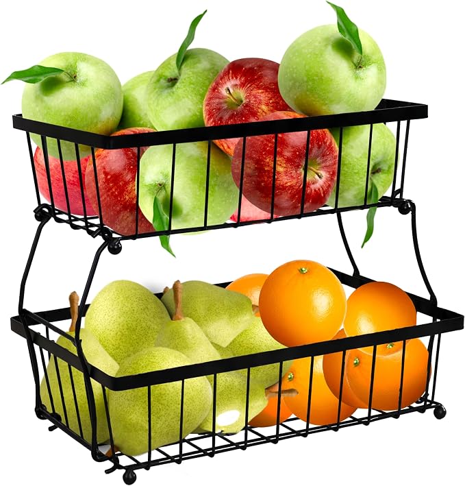 Sunnydaze 2-Tier Metal Wire Fruit Basket for Kitchen Counter - Black | Collapsible for Easy Storage - Iron with Food-Safe, Powder-Coated Finish - 10 lb Weight Capacity by SunnydazeDecor