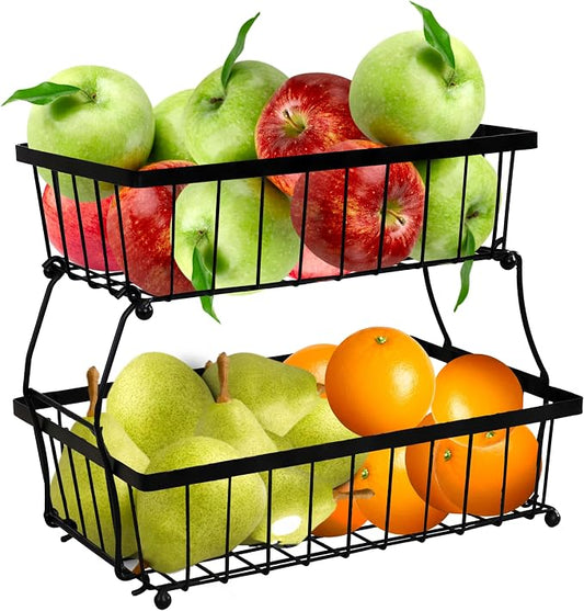 Sunnydaze 2-Tier Metal Wire Fruit Basket for Kitchen Counter - Black | Collapsible for Easy Storage - Iron with Food-Safe, Powder-Coated Finish - 10 lb Weight Capacity by SunnydazeDecor
