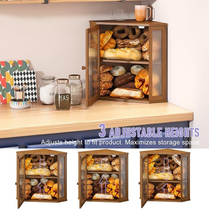 Corner Bread box for Kitchen Countertop,Farmhouse Bread Box with Acrylic Wavy Door Panel,Large Bread box for kitchen countertop,Food Storage Container (Brown, Extra Large) - Image 5