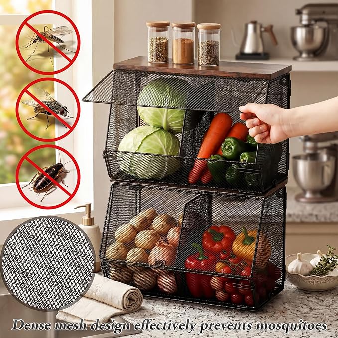 Teenyyou 2 Pcs Stackable Mesh Fruit Basket with Lid Wall Produce Vegetable Storage Basket Onion Potato Hanging Metal Wire Container for Kitchen Counter Pantry (Divided,Black,8.3"w & 13.8"L) - Image 4