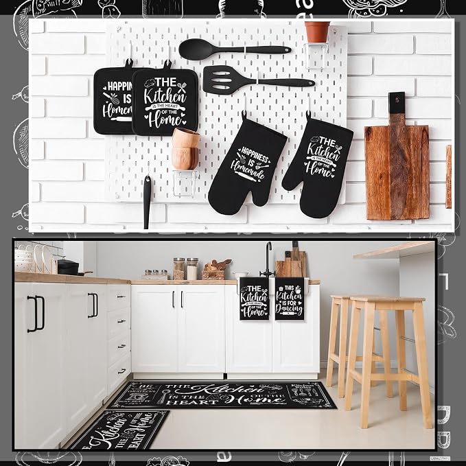 Fourluoo 30 Pcs Farmhouse Kitchen Decor and Utensils Set Rustic Kitchen Towels and Rugs Oven Mitts and Pot Holders Non Toxic Black Silicone Utensils Set Heat Resistant Dishwasher for Cooking - Image 2