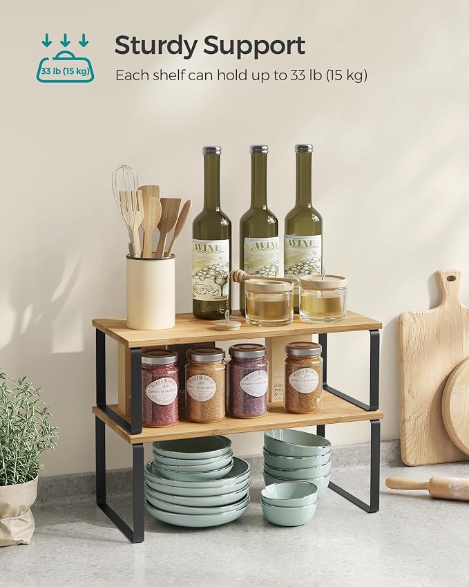 SONGMICS Cabinet Organizer Shelf, Set of 2 Kitchen Counter Shelves, Kitchen Storage, Spice Rack, Stackable, Expandable, Metal and Engineered Wood, 15.6 Inches, Ink Black and Natural Beige UKCS200B01 - Image 4
