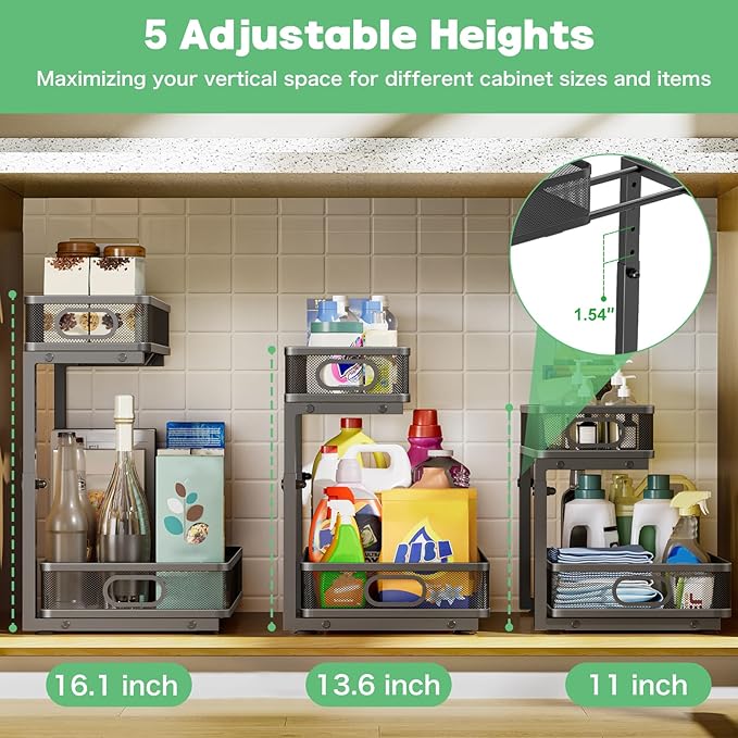 Under Sink Organizer, High Adjustable 2 Tier Under Sink Organizers and Storage, Slide out Metal Cabinet Organizers, Pull out Storage Drawer Shelf for Kitchen Bathroom Cabinet (Black-1pack) - Image 5
