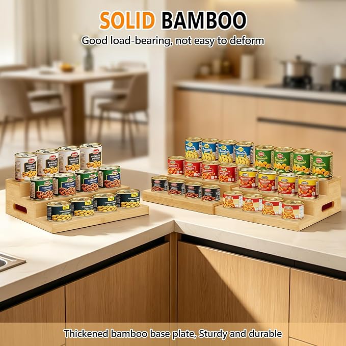 2 Pack 3-Tier Bamboo Expandable Can Rack Organizer for Pantry | Stackable Canned Food Organizers and Storage, Kitchen Cabinet, Food Can Holders Dispensers for Pantry Up To 48 Cans - Image 4