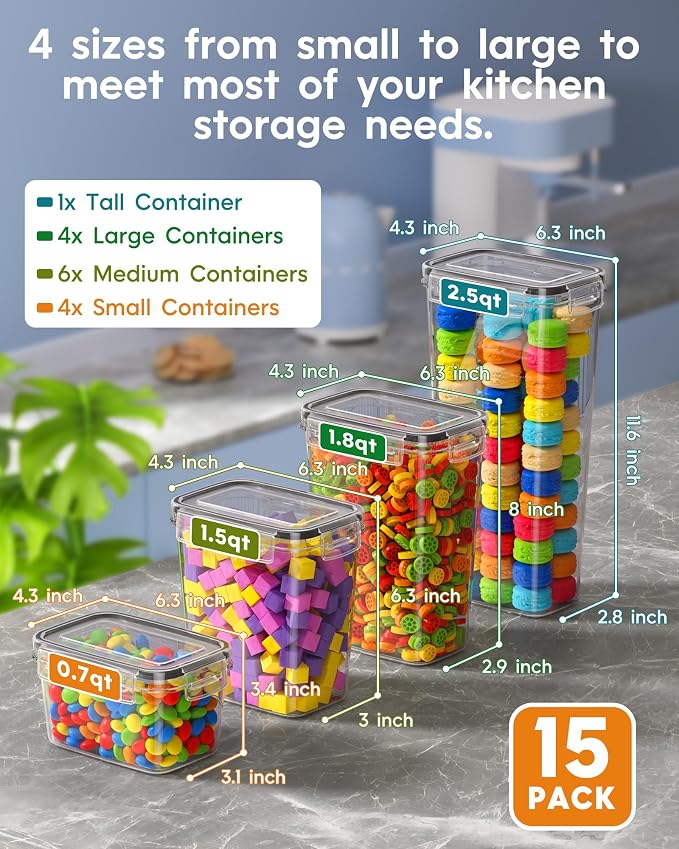 Airtight Food Storage Containers with Lids, 15 PCS Kitchen and Pantry Organization Canisters, BPA-Free, PVC-Free, Food-grade Plastic Leak-proof Jars for Cereal, Flour, Sugar, Extra 24 Labels & Marker - Image 2