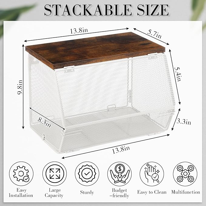 Teenyyou 2 Pcs Stackable Mesh Fruit Basket with Lid Wall Produce Vegetable Storage Basket Onion Potato Hanging Metal Wire Container for Kitchen Counter Pantry(Non-removable,White,8.3" w & 13.8" l) - Image 3