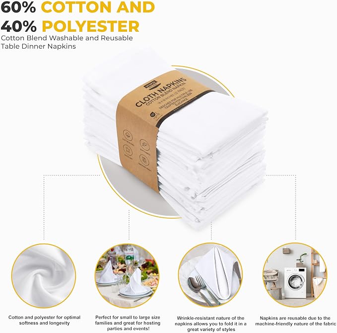 Utopia Kitchen Cotton Blend White Cloth Napkins [12 Pack, 18x18 Inch] | Absorbent Washable and Reusable for Dinner, Restaurant, Lunch, Wedding and Hotel - Image 4