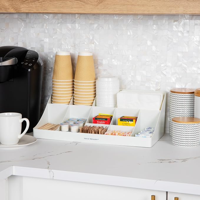 Mind Reader Cup and Condiment Station, Countertop Organizer, Coffee Bar, Kitchen, Stirrers, 17.875"L x 9.5"W x 6.625"H, White - Image 2