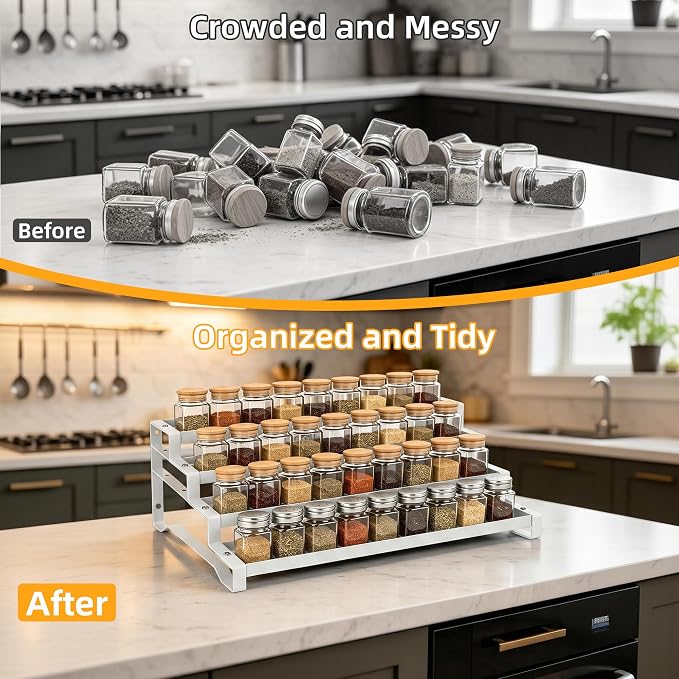 Spice Rack Organizer for Cabinet, 13-21.5" Expandable Spicy Shelf | 11.6" Depth 4-Tier White Metal Seasoning Organizer, Kitchen Spice Organization, Slip-Resistant Guardrails for Jars and Cans - Image 4