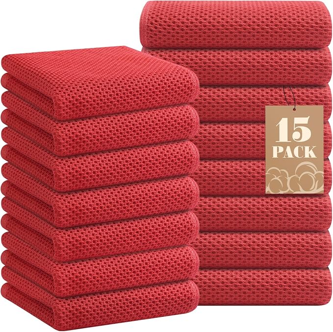 Homaxy 100% Cotton Waffle Weave Kitchen Towels, 15-Pack, Brick Red | Ultra Soft Absorbent Dish Towels, Quick Drying Cleaning Towels, 13 x 28 Inches by Homaxy