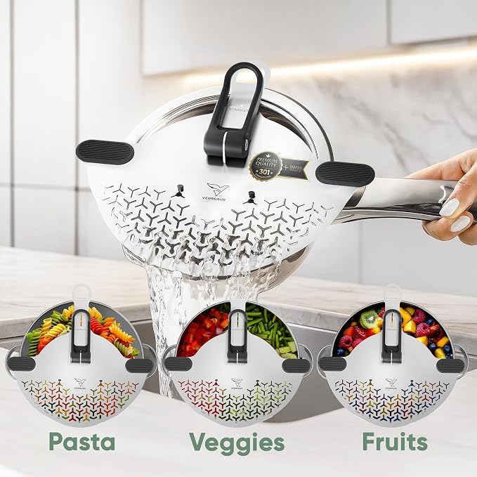 Kitchen Strainer & Pot Drainer Clip-On Stainless Steel Colander for Pots & Pans (6.5-9.5 in / 16-24 cm) | Universal Fit Pasta & Noodle Strainer | Hands-Free Swiss Design, Dishwasher-Safe - Image 6