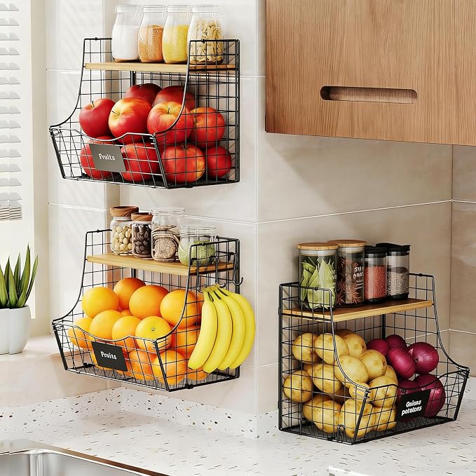 3 Pack wire Fruit Basket for Kitchen with Wood Lid - Counter&Wall Mounted Onion and Potato Storage with Nameplate, Hanging Baskets for Vegetable,11.81 * 10.63 * 8.66 Inch - Image 4